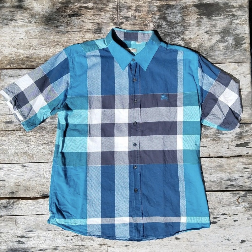 Burberry Men Short Sleeve Blue Plaid Shirt, M/L